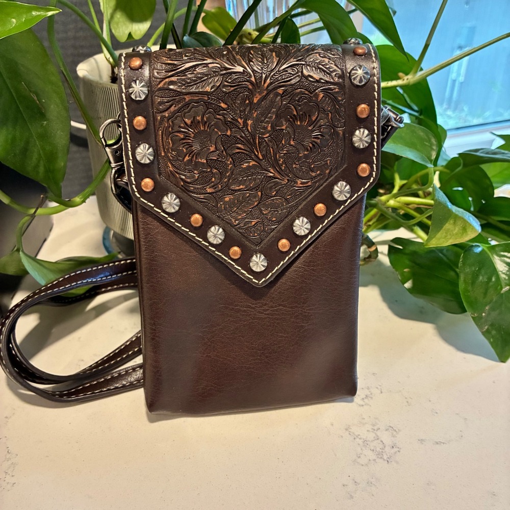 Crossbody Phone Bag Tooled Floral Studded Western Pouch Cowgirl Boho Festival
